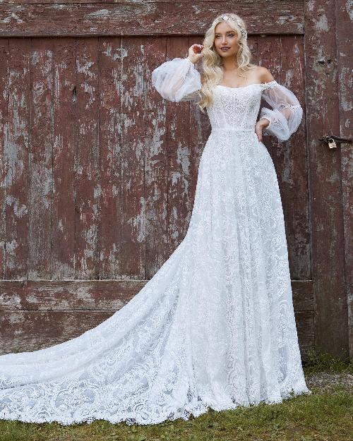 Lp2212 off the shoulder boho wedding dress with long sleeves and a line silhouette1